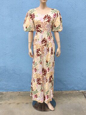 Beach Riot Weston Maxi Open-Back Dress Puff Sleeves sz M Linen Blend
